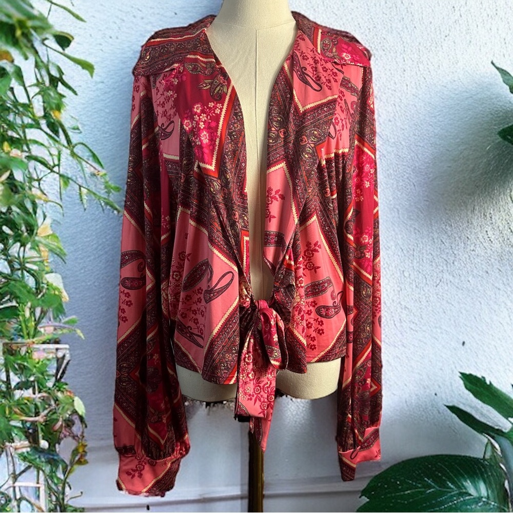 Good Time USA Boho Paisley Soft Stretch Tie Front Top